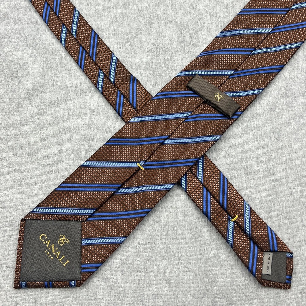Canali 1934 Tie 100% Silk Brown Blue Striped Woven Classic Length Necktie Italy